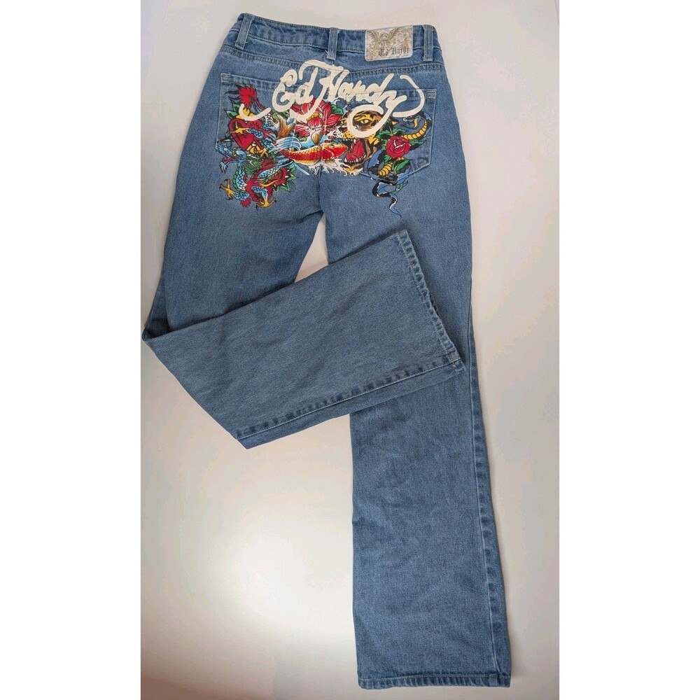 Ed Hardy Multi Tattoo Baggy Jeans Womens 24 Low Waist Light Wash Light Stains